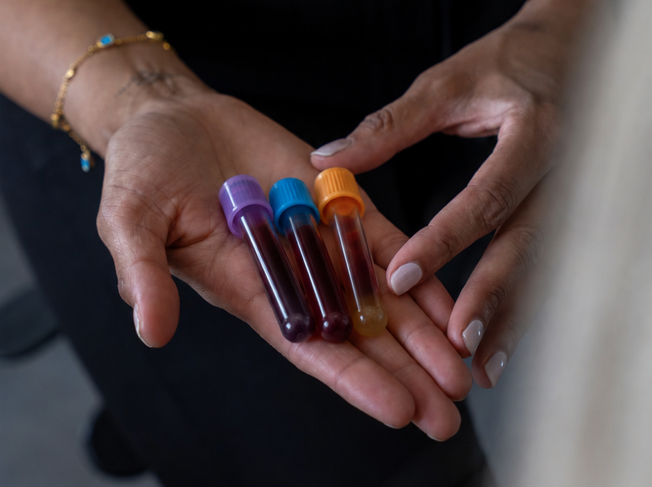 Person holding vials of blood for testing