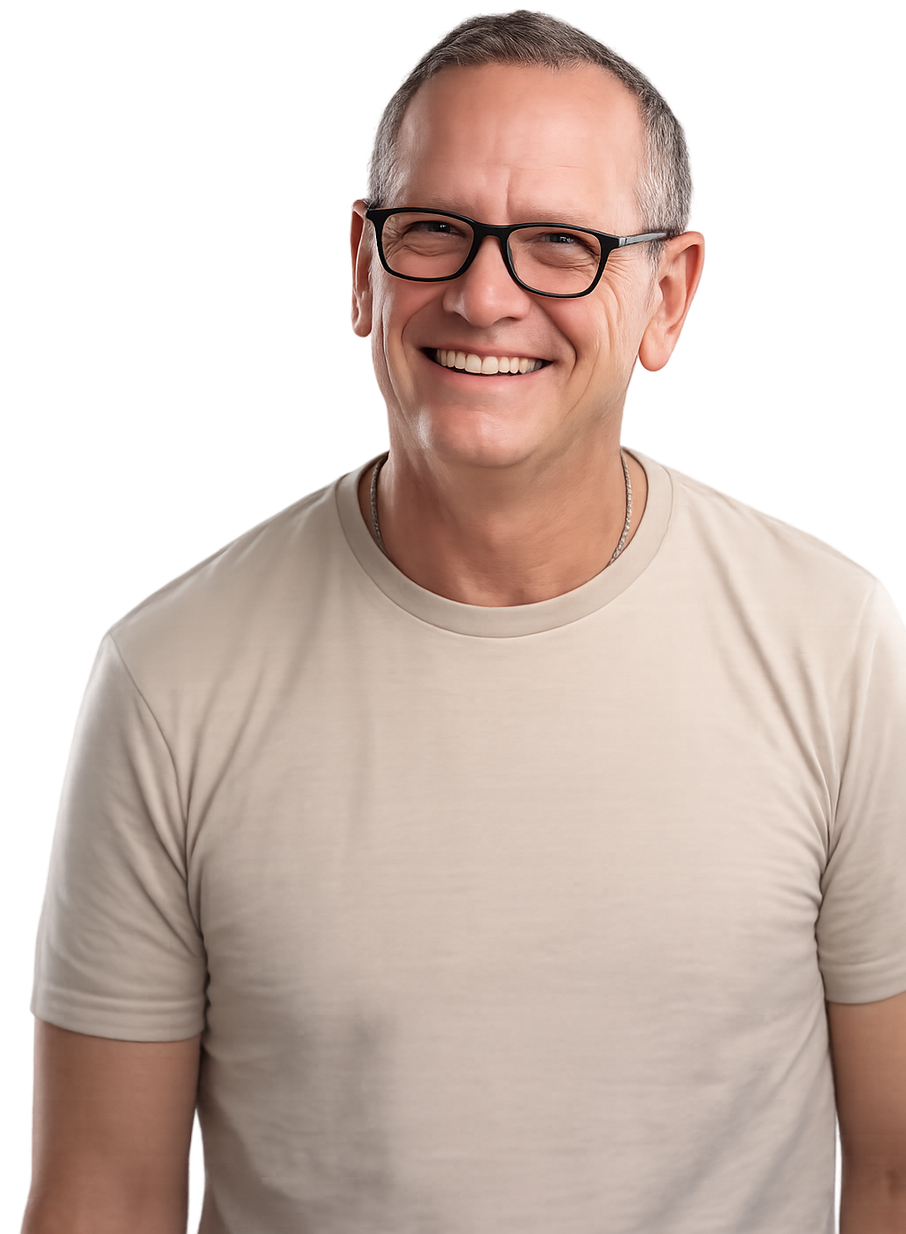 a man in a beige t shirt