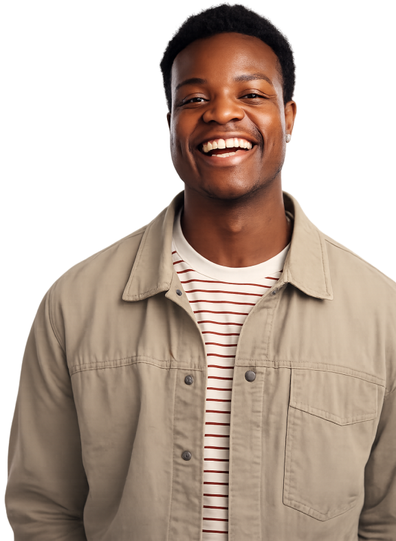 a man in a beige jacket with a striped top on underneath