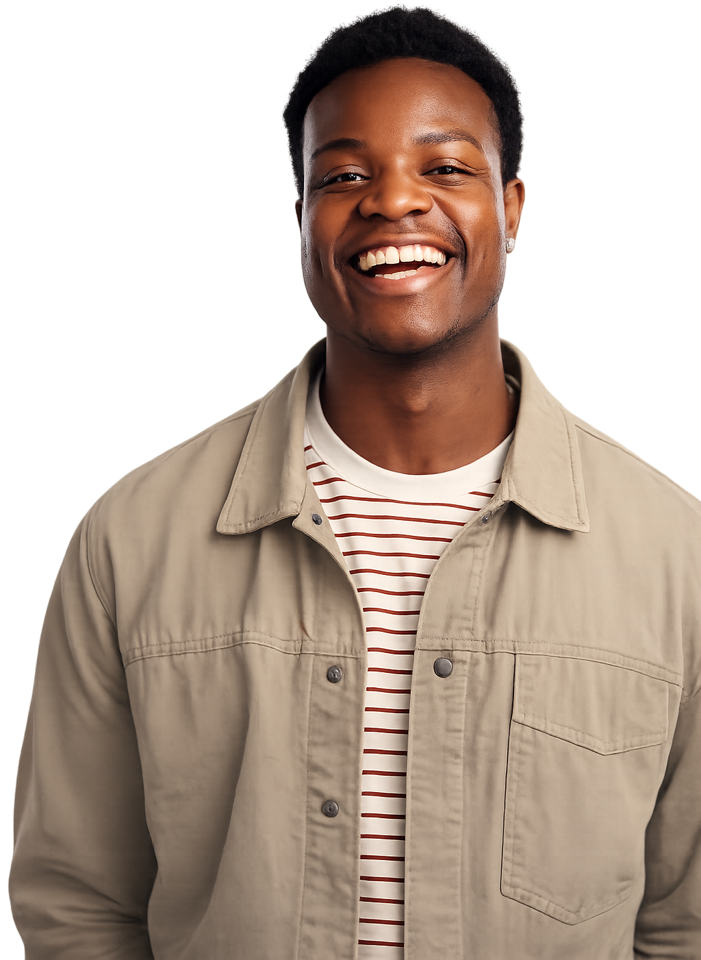 a man in a beige jacket with a striped top on underneath