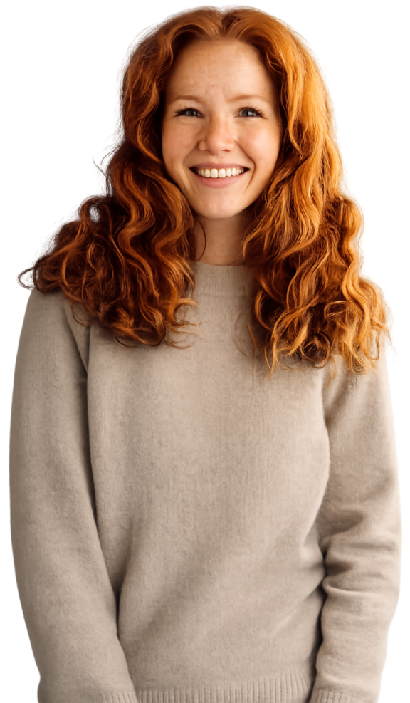 a woman in a beige jumper