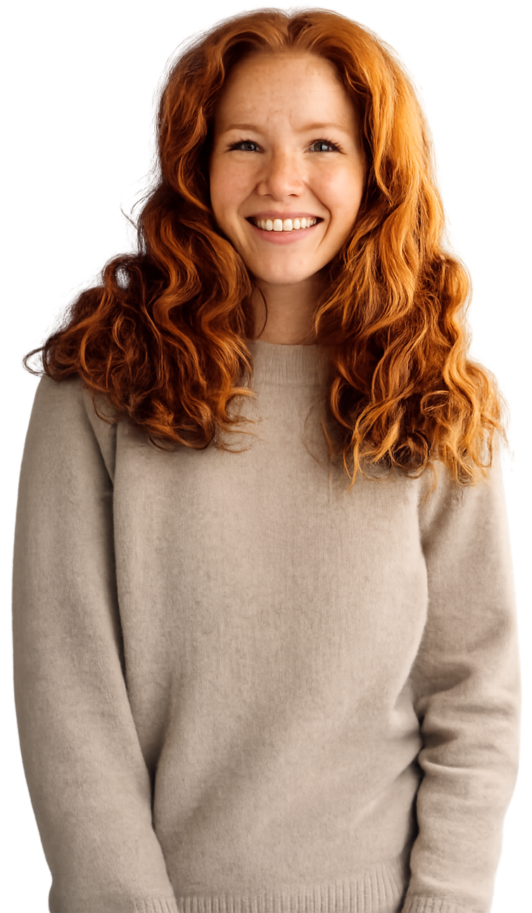 a woman in a beige jumper