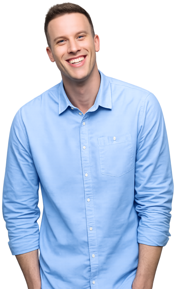 a man with a blue shirt