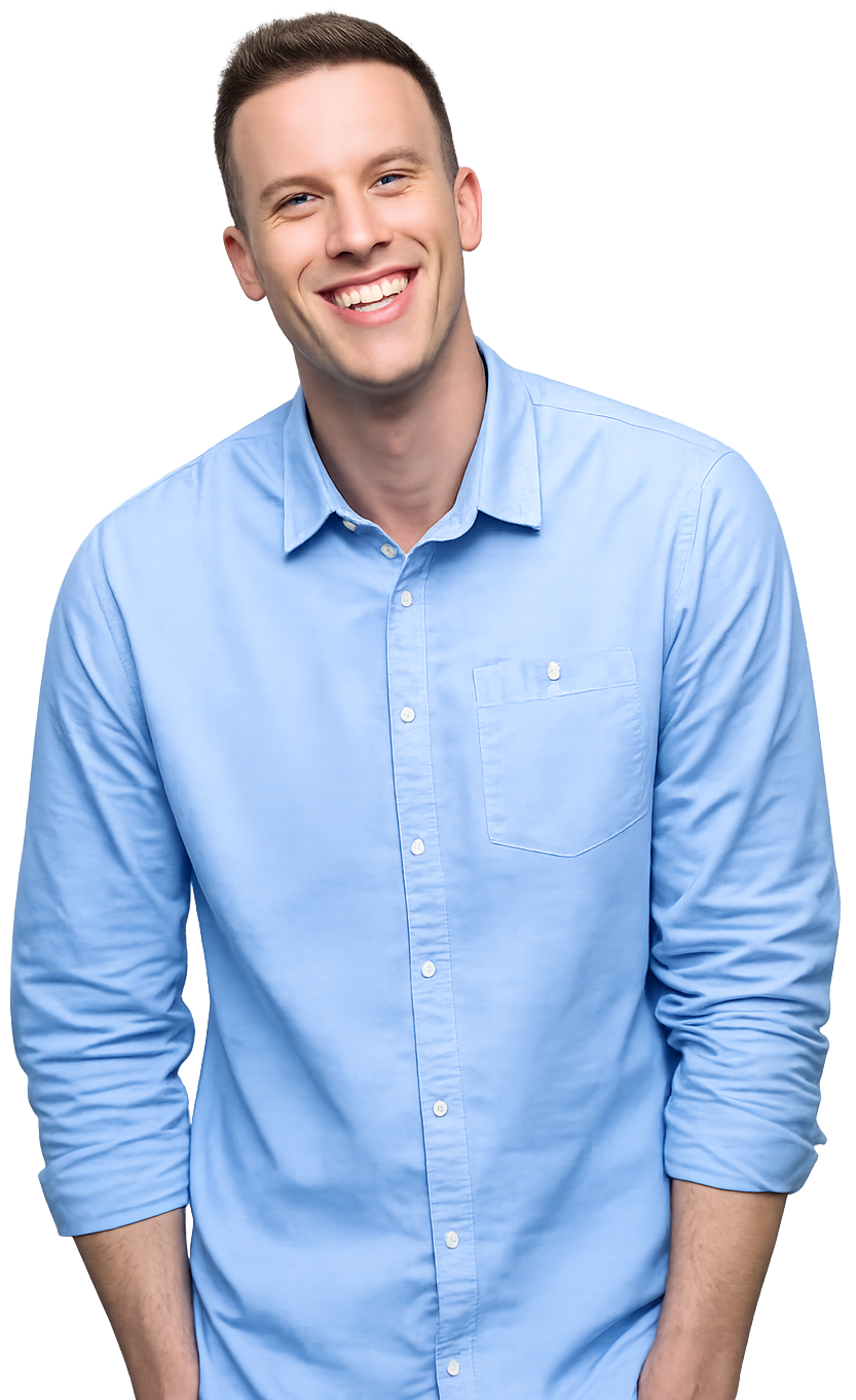 a man with a blue shirt