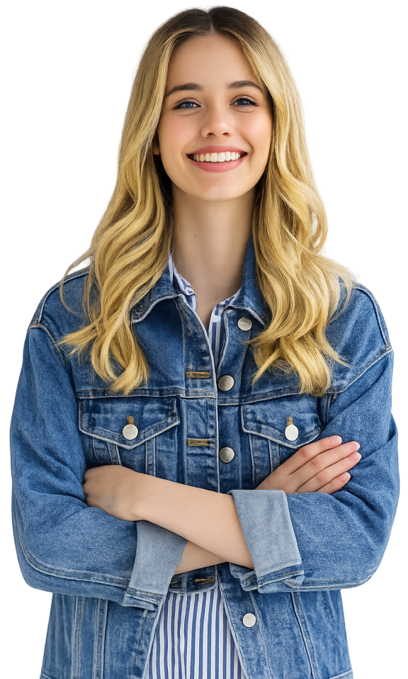 a woman in a denim jacket smiling directly at the camera
