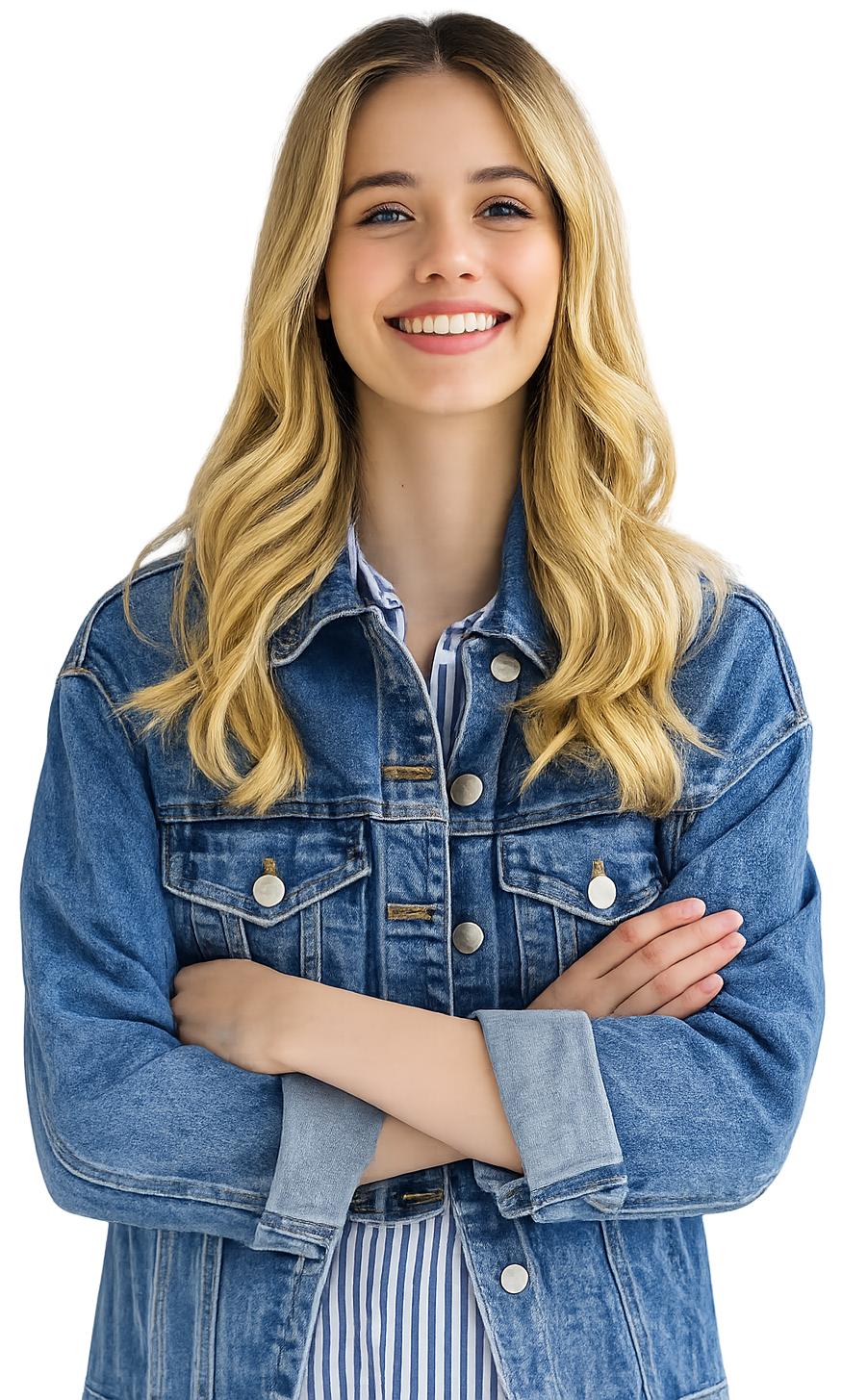 a woman in a denim jacket smiling directly at the camera