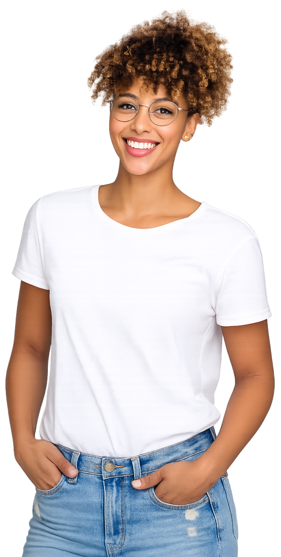 a woman in a white t shirt