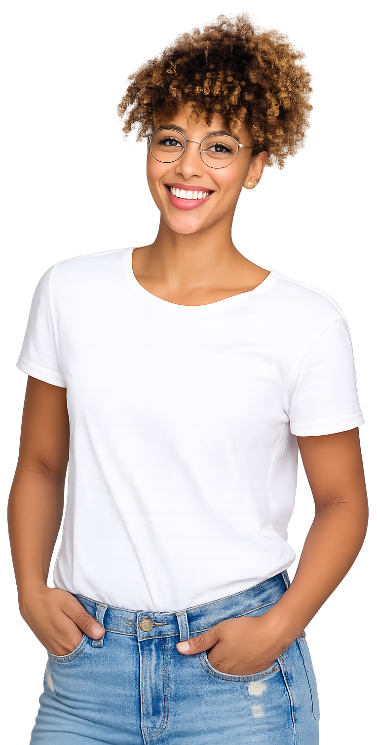 a woman in a white t shirt