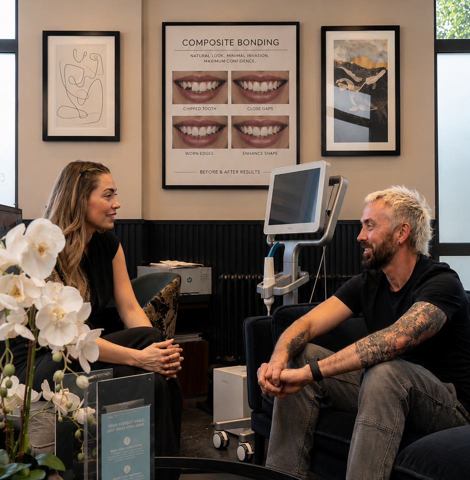 a dental practitioner having a conversation with a patient, both smiling