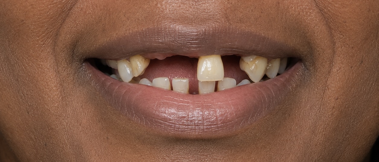 Person smiling with missing, misaligned and stained teeth