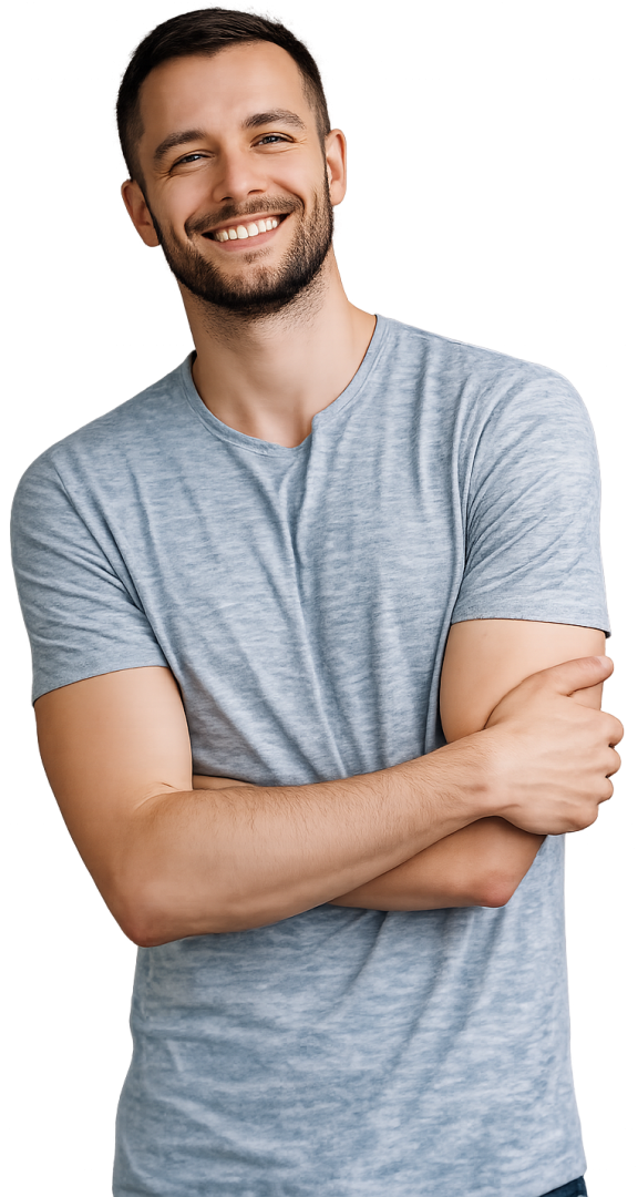 Man smiling with his arms crossed wearing a grey top