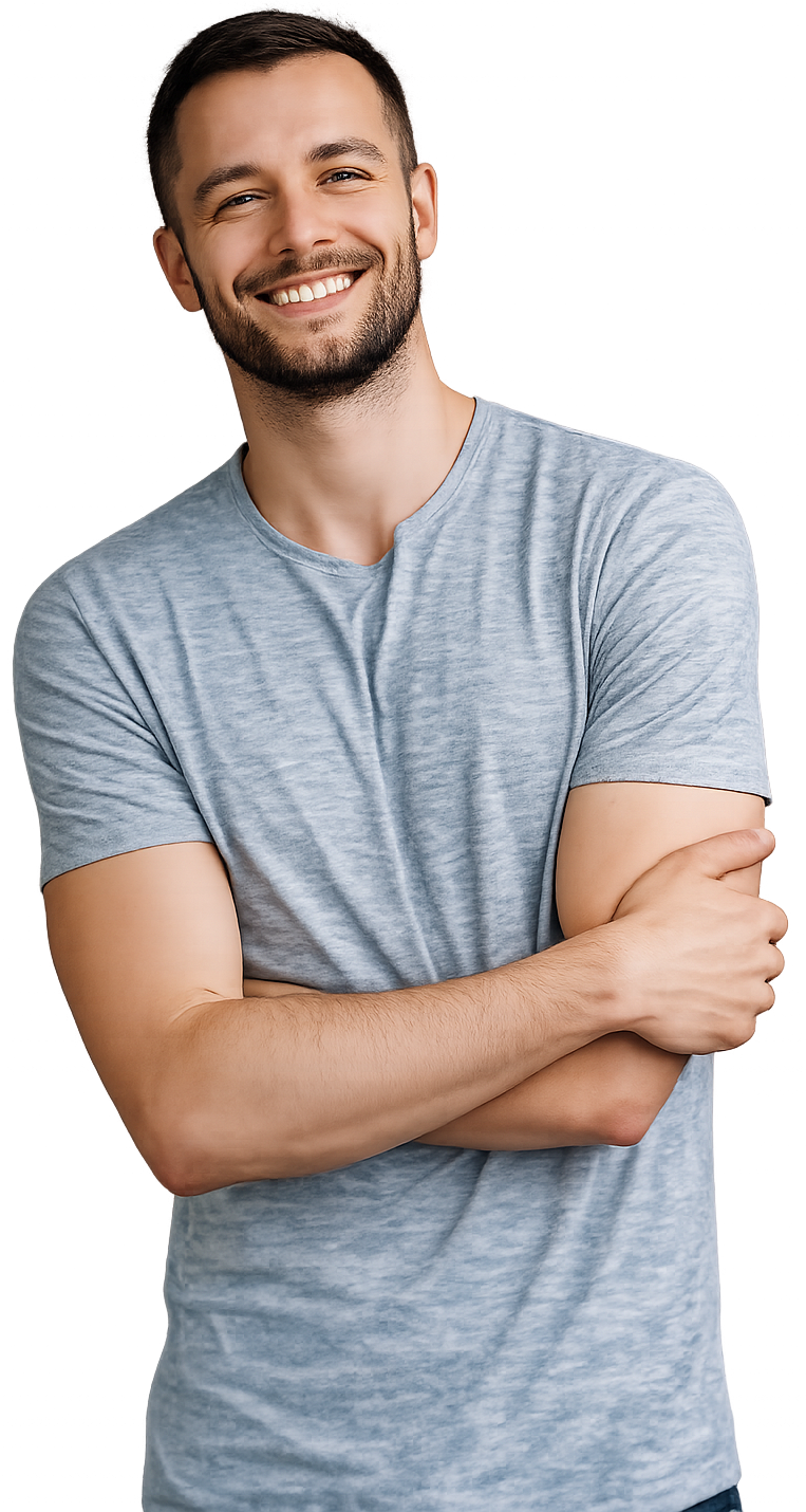 Man smiling with his arms crossed wearing a grey top
