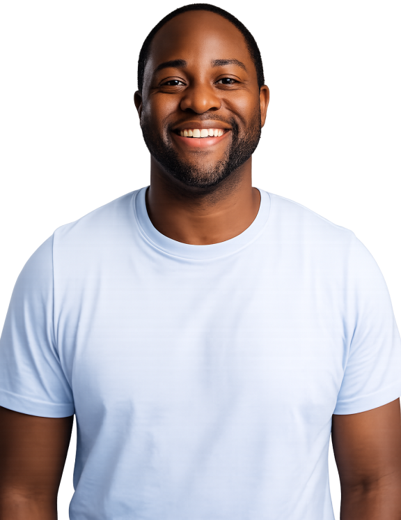 Man smiling wearing a blue top
