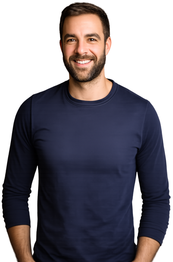 a man smiling in a navy top