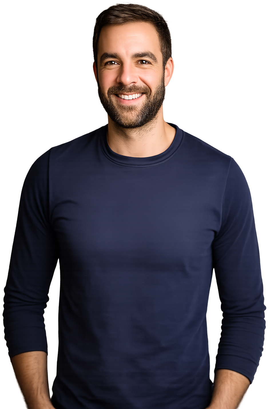 a man smiling in a navy top