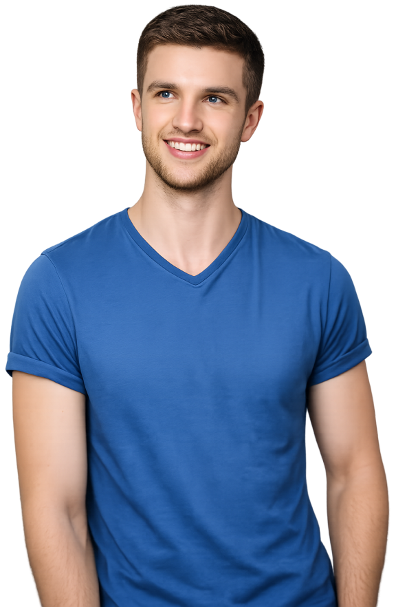 a man smiling in a blue top