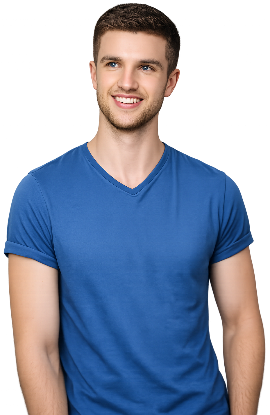 a man smiling in a blue top