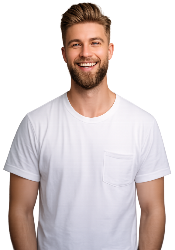 a man smiling in a white top