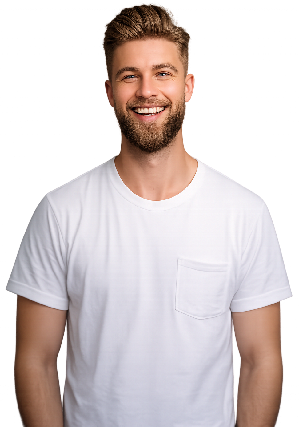 a man smiling in a white top