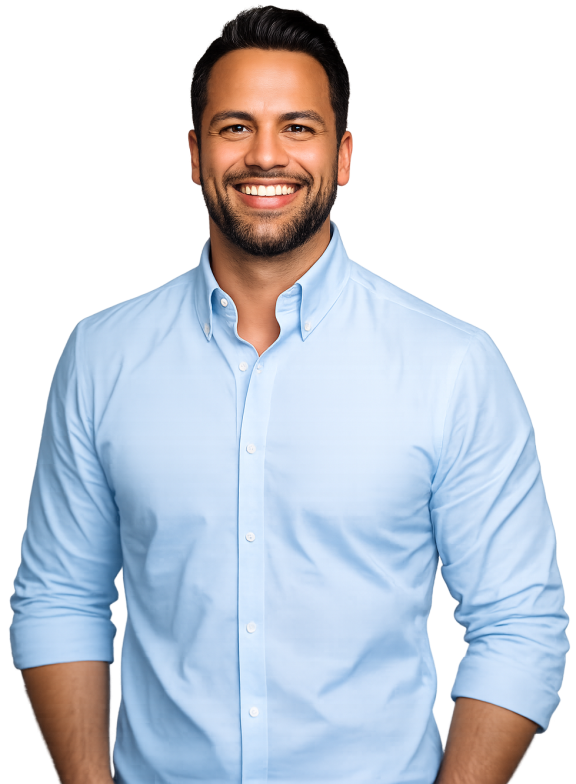 Man smiling wearing a blue shirt