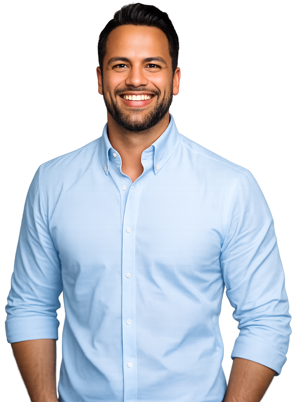 Man smiling wearing a blue shirt