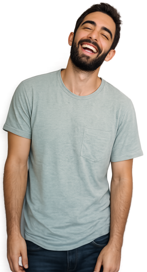 Man laughing wearing a grey top