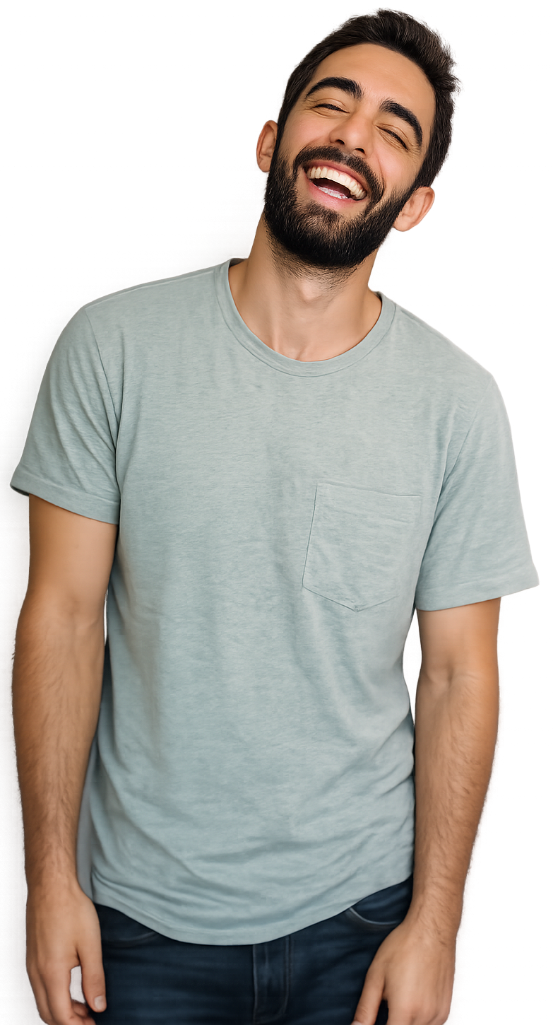 Man laughing wearing a grey top