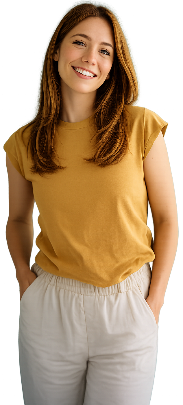 a woman smiling in a yellow top