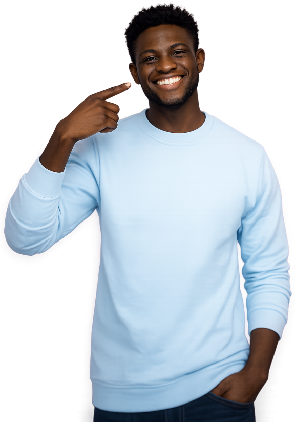 man smiling in a blue top