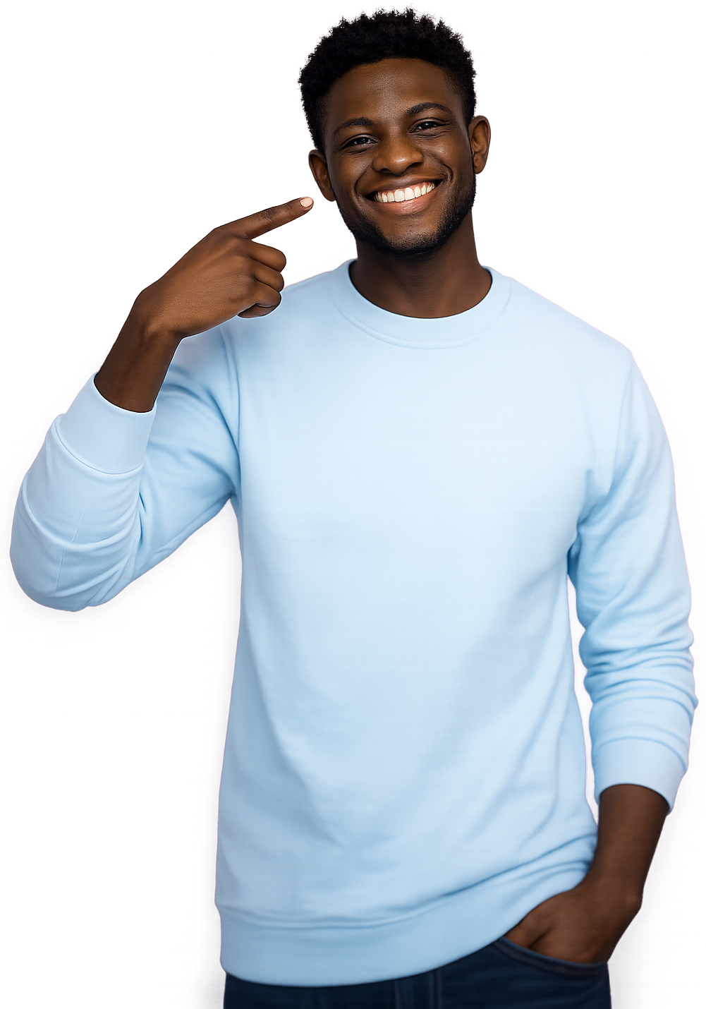 man smiling in a blue top