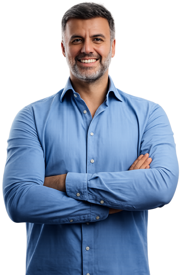 Man smiling wearing a blue shirt
