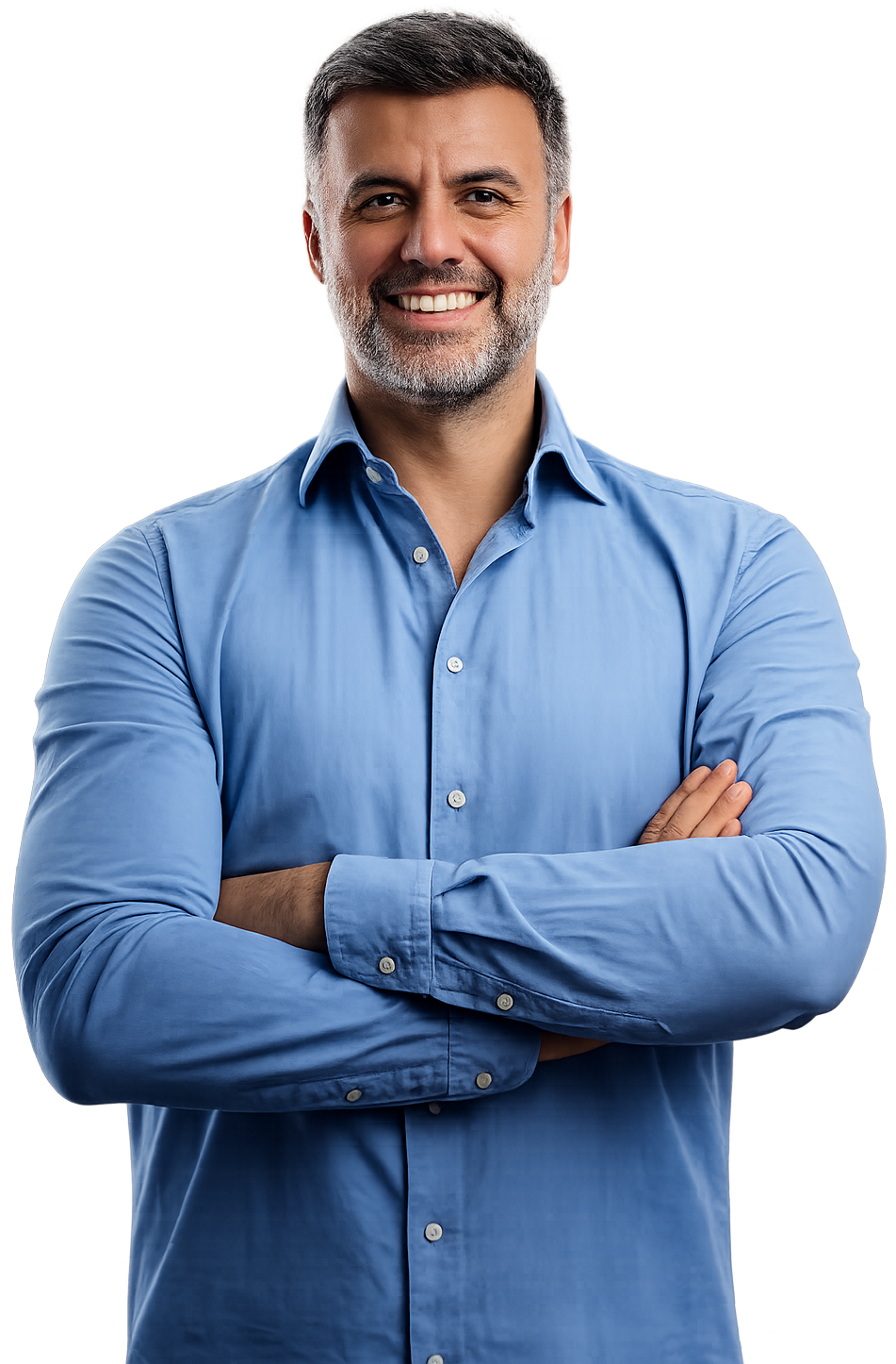 Man smiling wearing a blue shirt