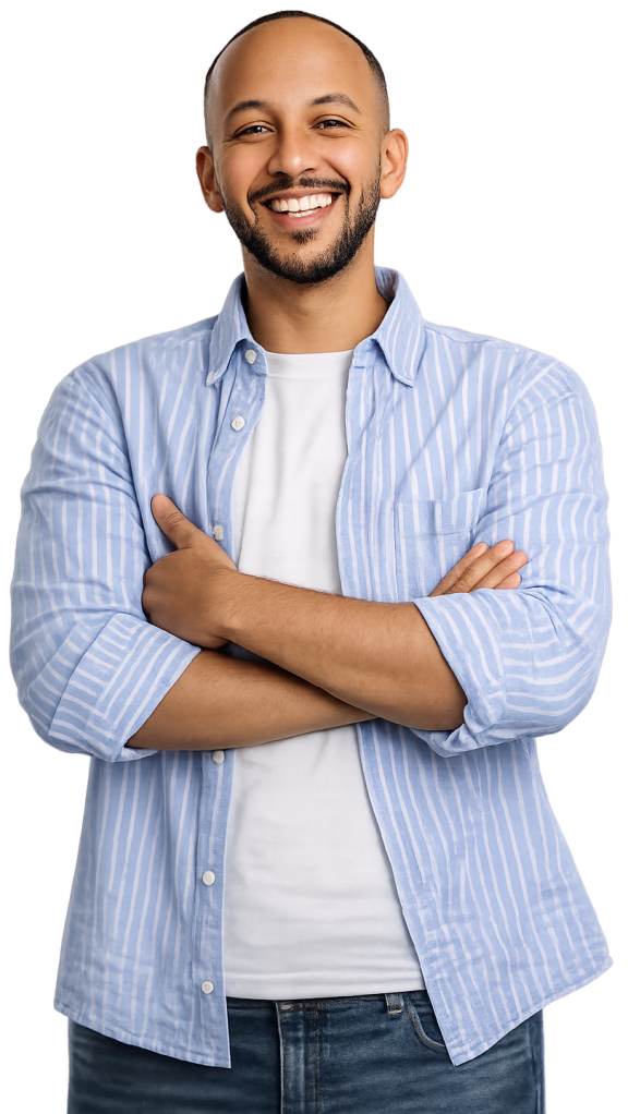 man smiling at the camera wearing a blue shirt