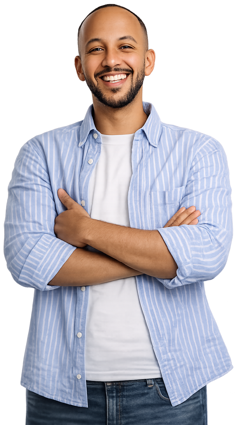 man smiling at the camera wearing a blue shirt