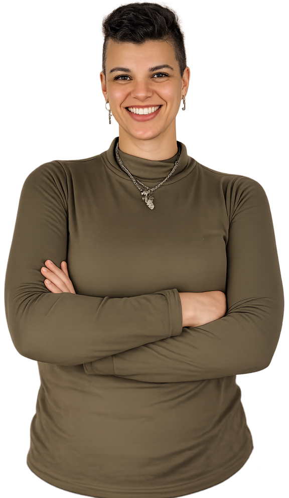 Woman smiling at the camera wearing a khaki top