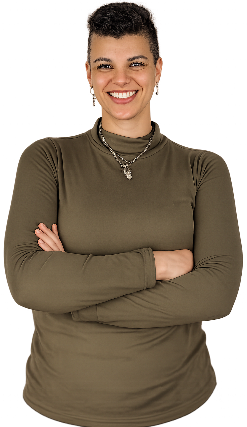 Woman smiling at the camera wearing a khaki top