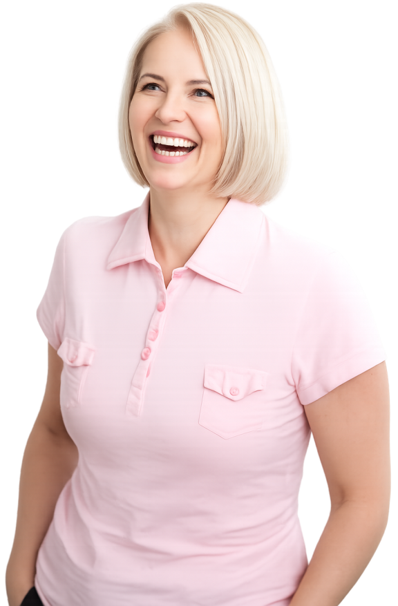 Transparent of a woman laughing wearing a pink top