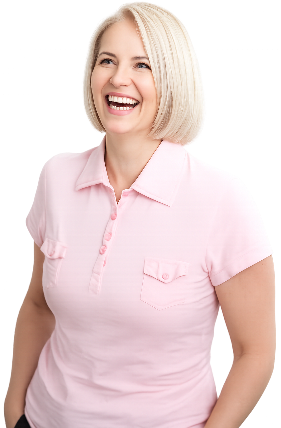 Transparent of a woman laughing wearing a pink top