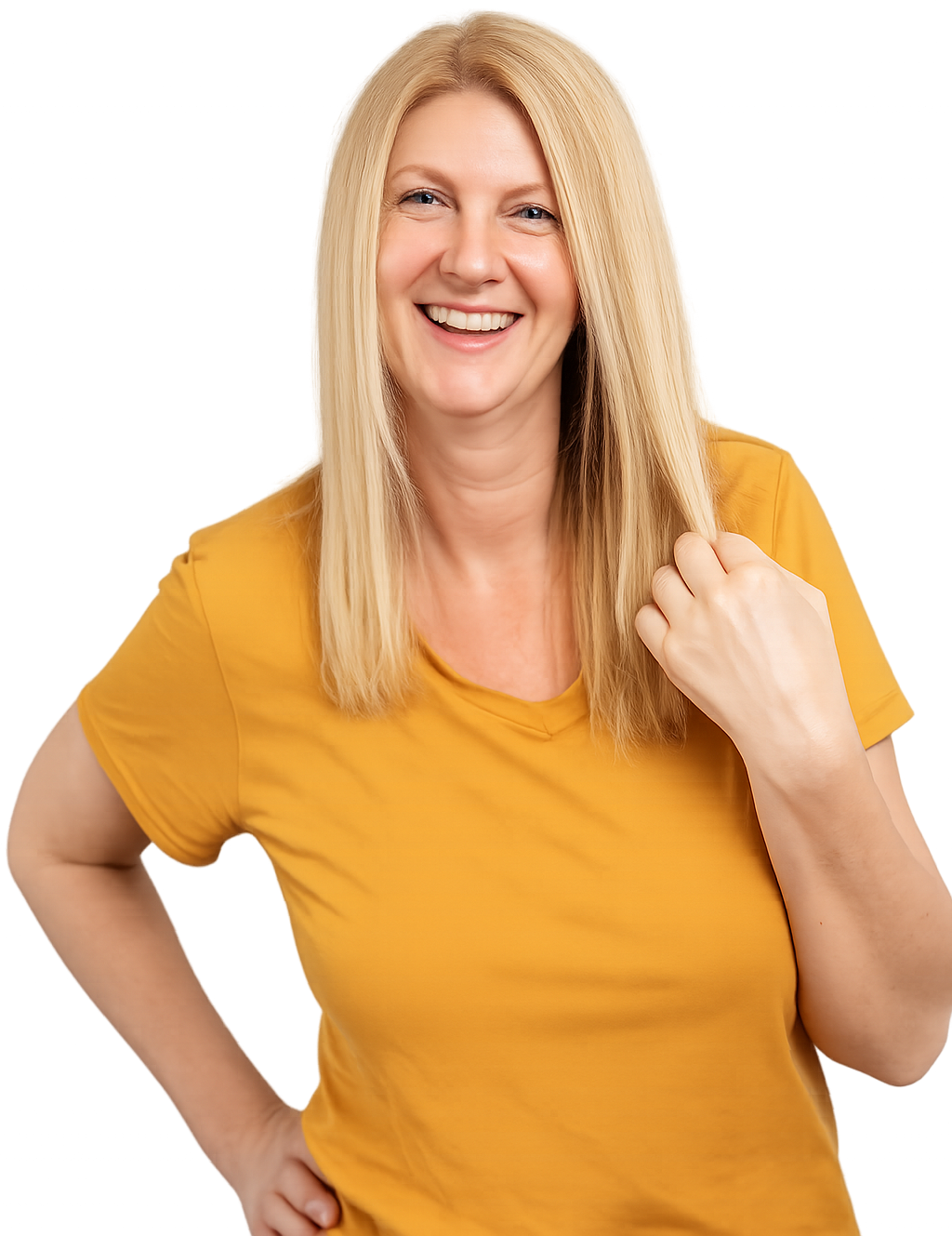 Transparent of a woman smiling wearing a yellow top