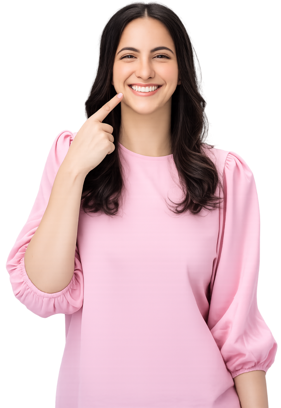 Transparent of woman pointing at her mouth and smiling wearing a pink top