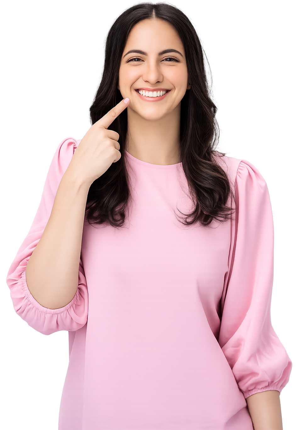 Transparent of woman pointing at her mouth and smiling wearing a pink top