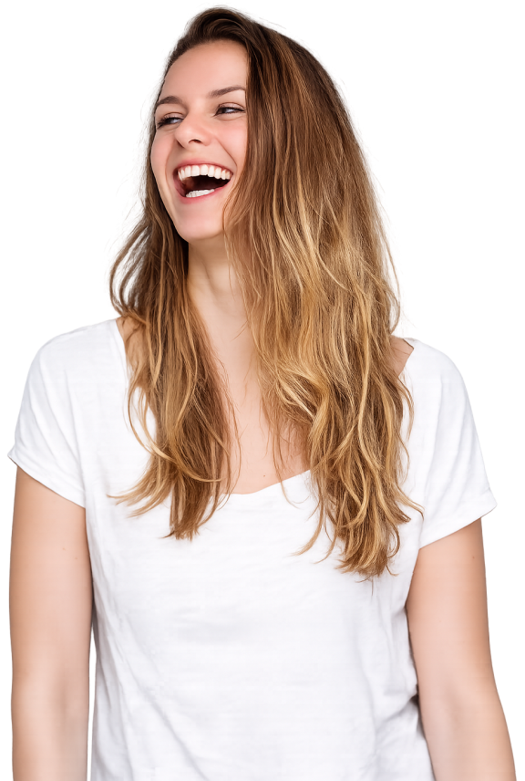 transparent of woman laughing wearing a white t-shirt