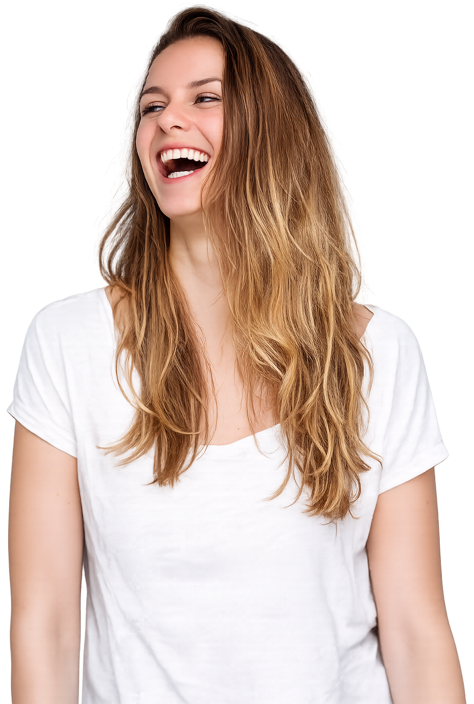 transparent of woman laughing wearing a white t-shirt
