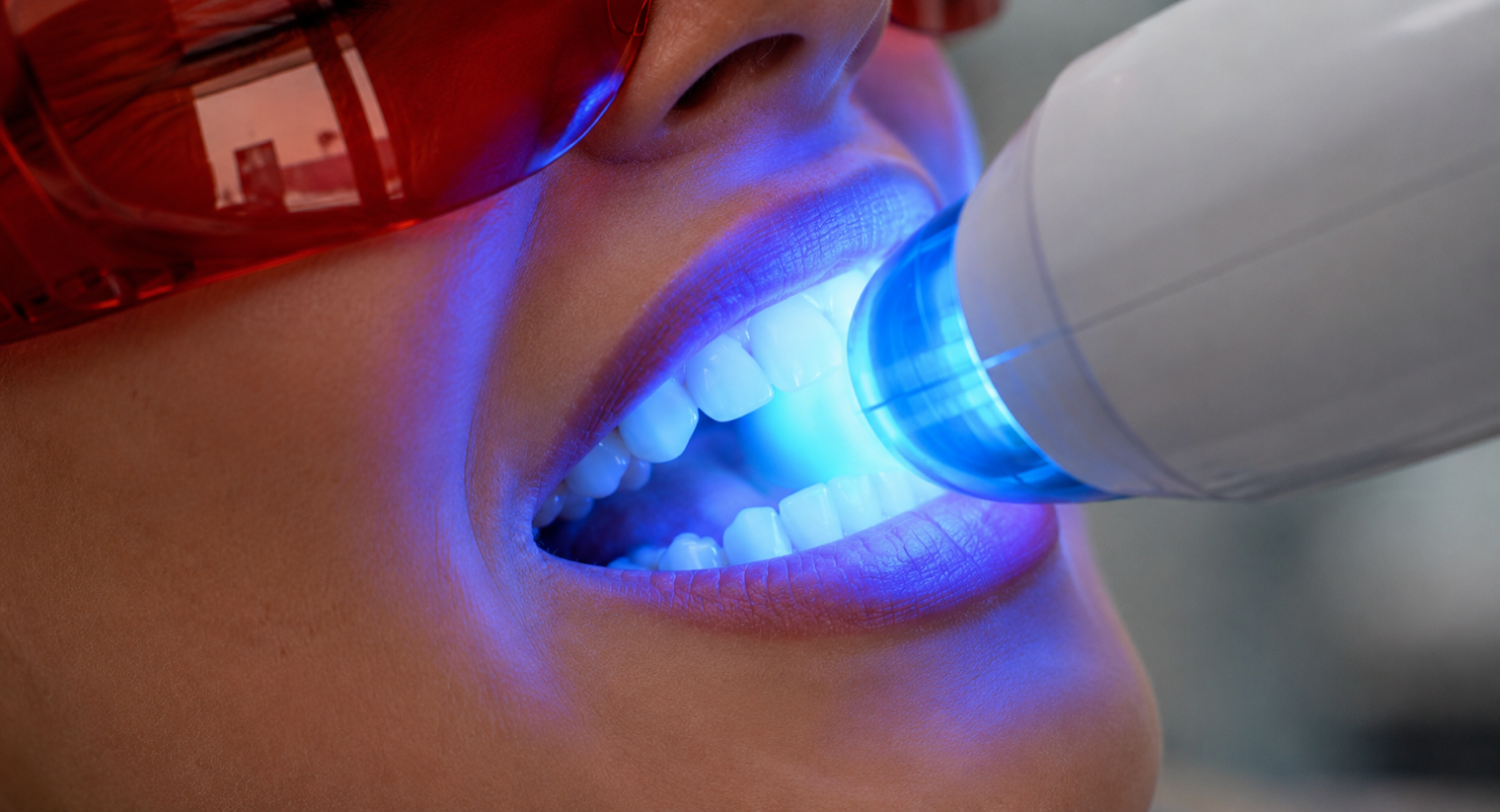 Woman having a fluorescent light shine on her teeth