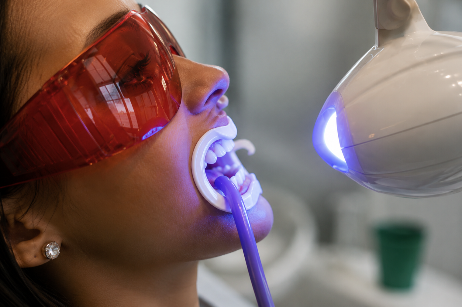 A patient with a fluorescent light setting her teeth, her mouth held open and wearing protective glasses