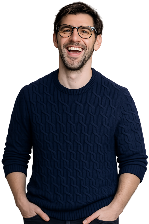 Transparent of man laughing in blue jumper