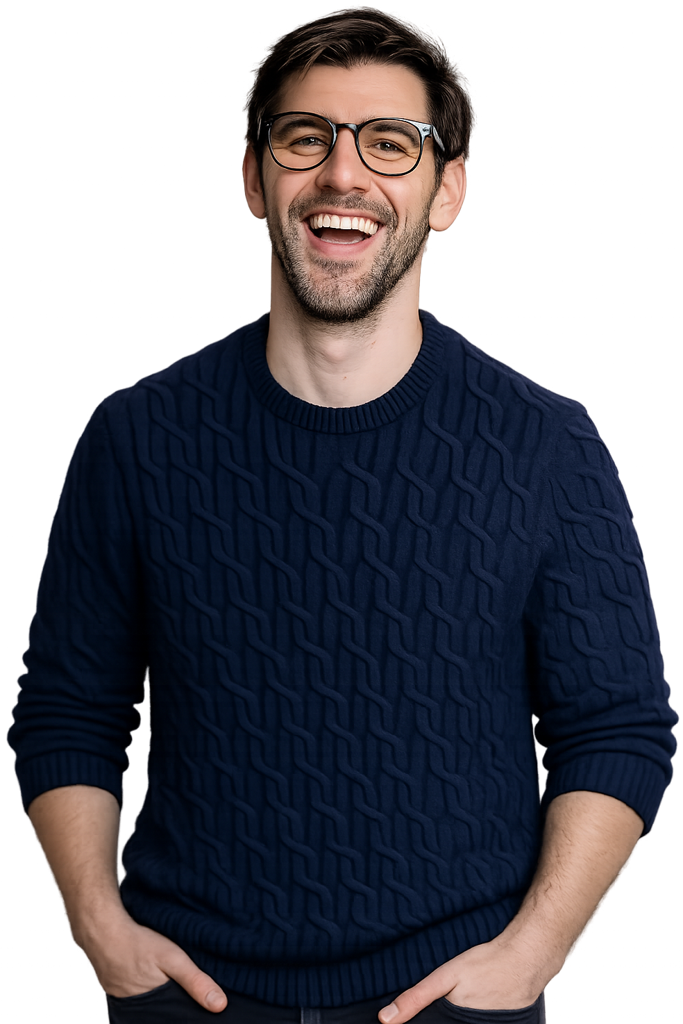 Transparent of man laughing in blue jumper