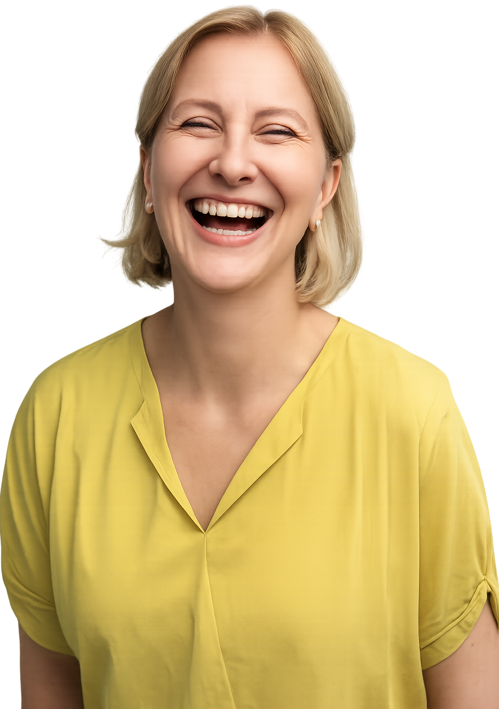 Woman laughing at the camera wearing a yellow shirt