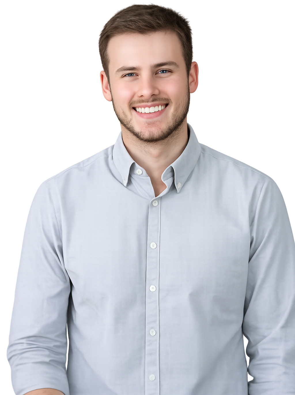 Man smiling wearing a grey shirt